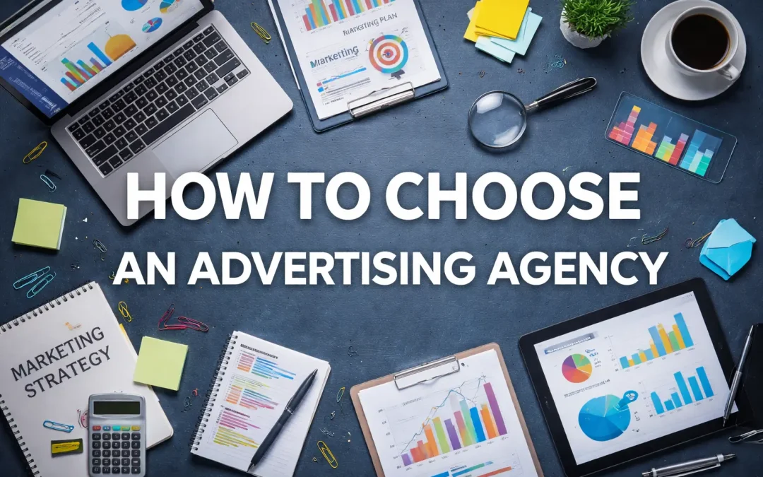 Flat lay marketing strategy workspace illustrating how to choose an advertising agency, featuring analytics charts, planning documents, and digital marketing tools.