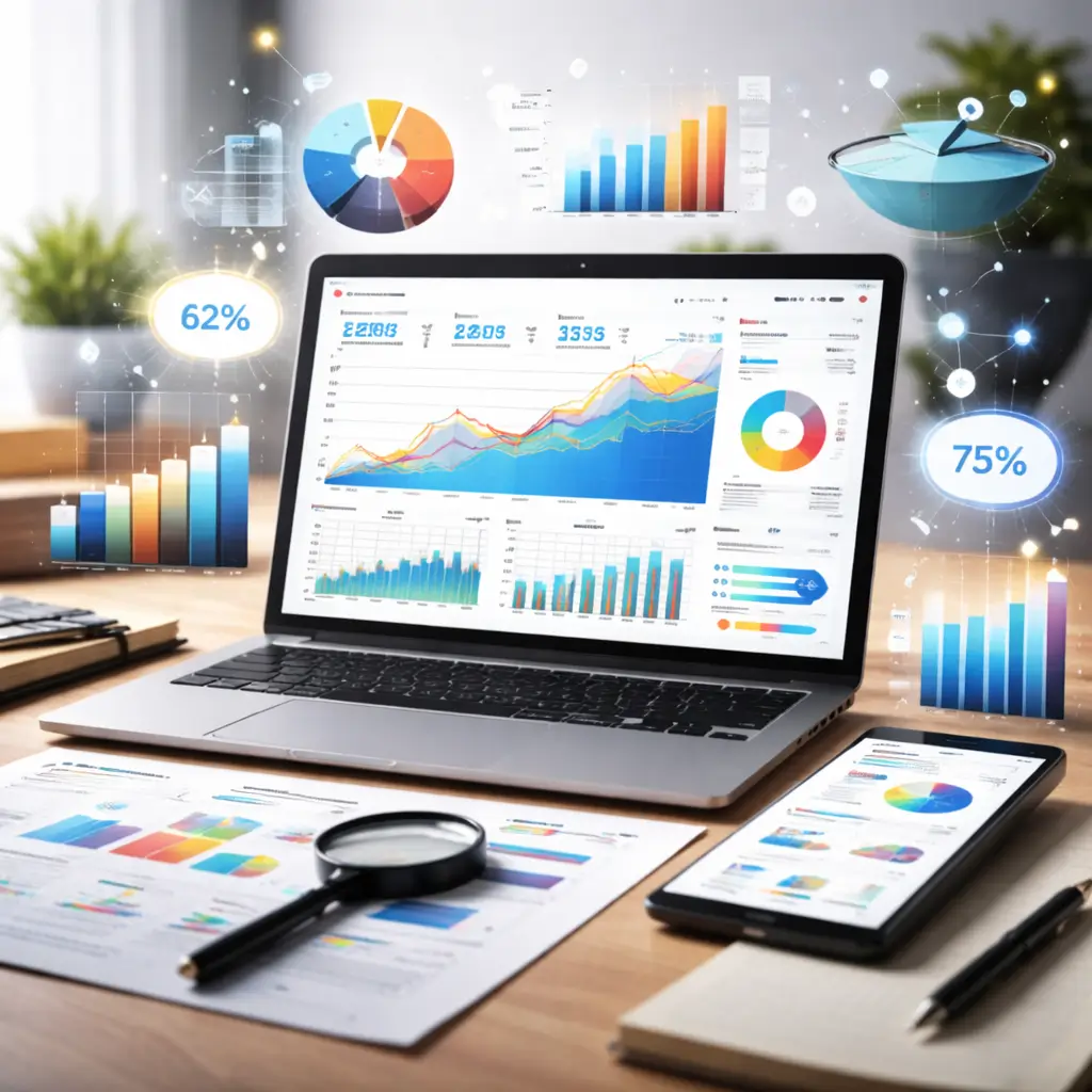 Digital analytics from an advertising agency with dashboards displaying website traffic, and tracking data used for SEO and marketing analysis.
