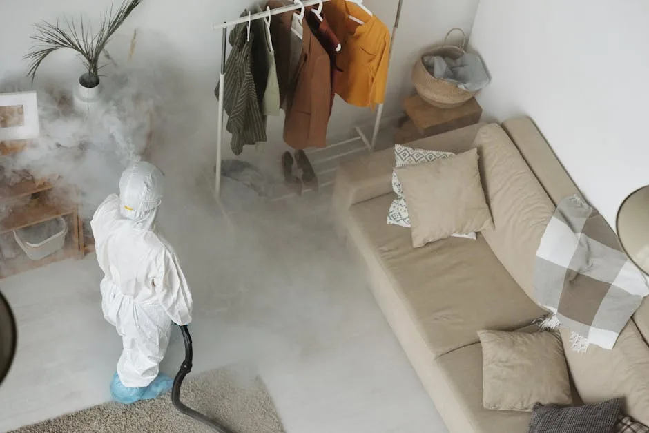 Phoenix pest control technician in protective gear treating a residential living room after being matched with the homeowner through the buy pest control leads platform.