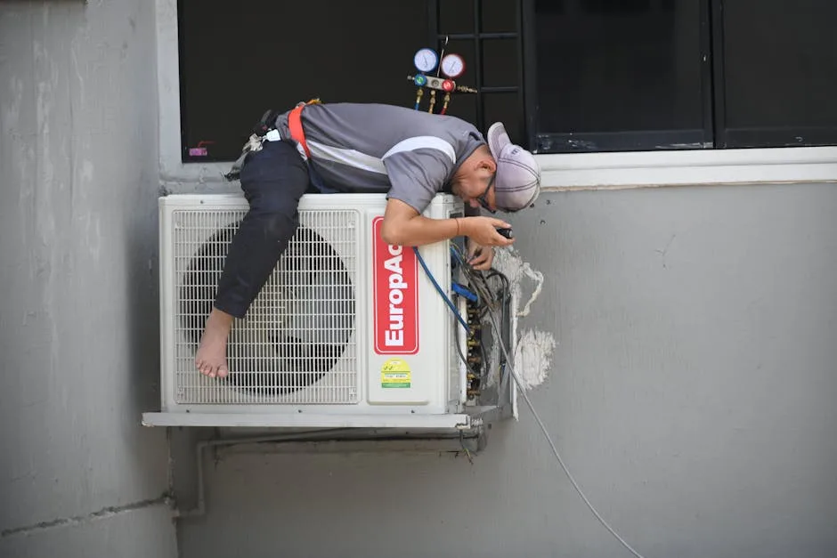 Phoenix HVAC technician on a residential job repairing an outdoor air conditioning unit after being matched with the homeowner through the exclusive AC leads system.