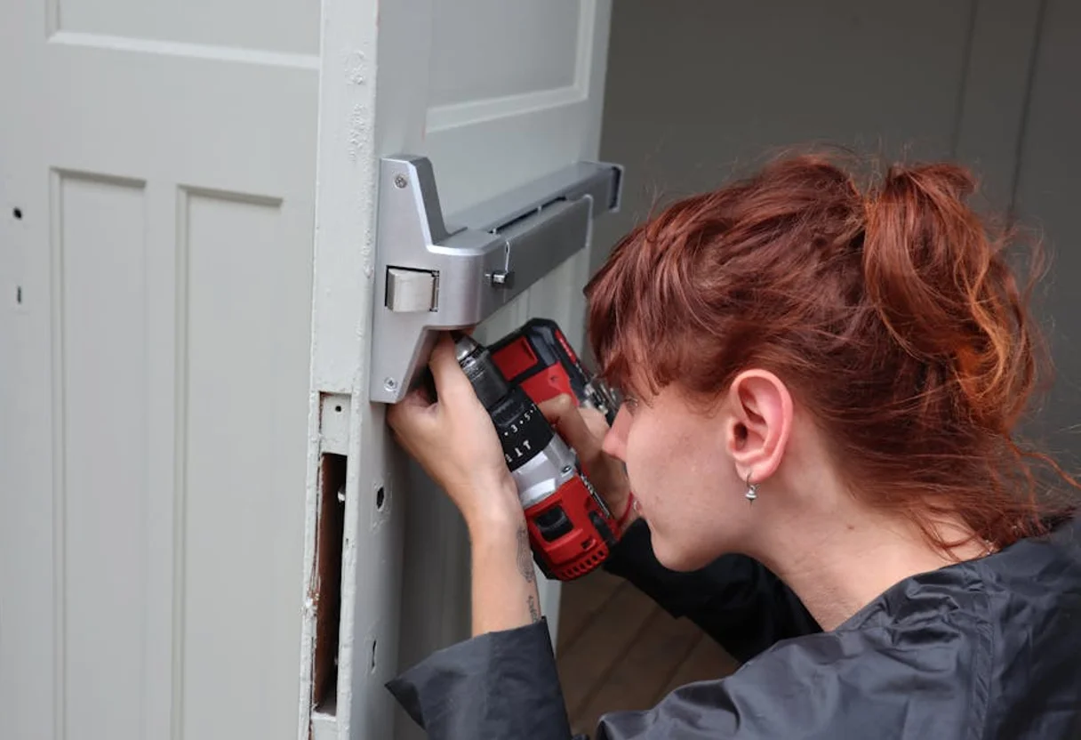 Phoenix locksmith installing a new mortise lock on a residential door with a cordless drill after being matched with the homeowner through fresh locksmith leads.